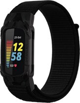 Somstyle Nylon Loop Bandje Met Case Geschikt Voor Fitbit Charge 5 - One Size - Zwart