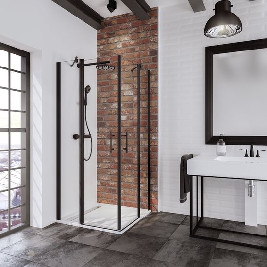 Cabine de douche Schulte Black Style, entrée d'angle en 4 parties avec portes battantes, 80x80x192 cm, verre de sécurité noir mat et transparent avec traitement anticalcaire, art. EP326004 68 500 17