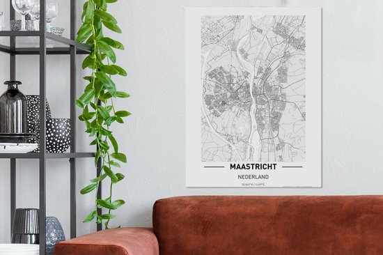 Carte Peinture sur Toile - Maastricht - Zwart - Wit - 60x80 cm - Décoration murale - Plan de la Ville
