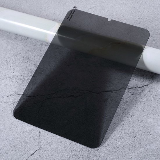Donkergrijze screenprotector met tekst.
