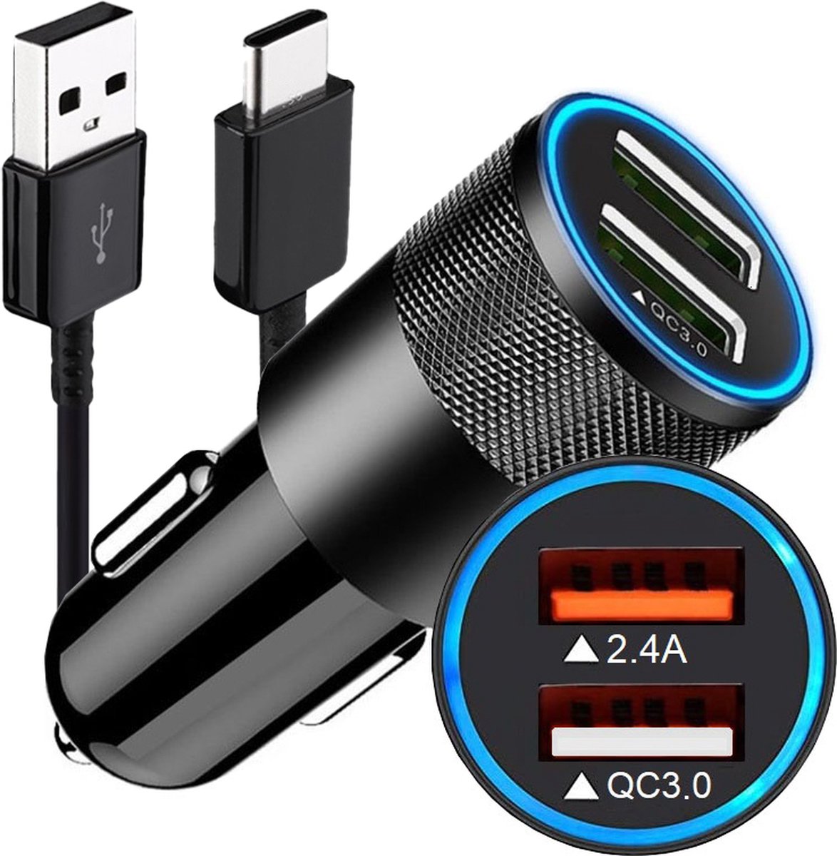 Autolader USB + USB C Kabel - Auto oplader USB - USB autolader 2 poorten - Auto lader - Sigarettenaansteker USB oplader auto - Snellader - DutchOne
