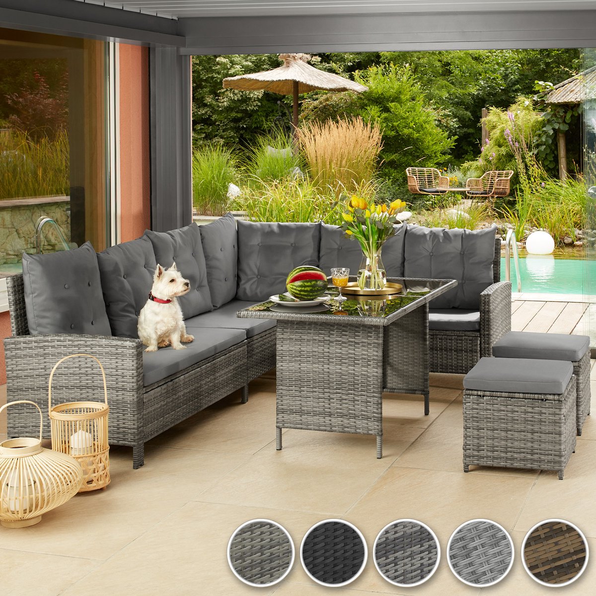 tectake® Loungeset Barletta - 6 tot 8 Personen - Modulaire Tuinset met Loungebank, Kruk en Tuintafel - Tuinmeubels - Balkonmeubel - 5-delige Zitgroep - Inclusief Kussens - Ideaal voor Tuin, Terras en Balkon - Beige met Grijze Kussens thumbnail 4