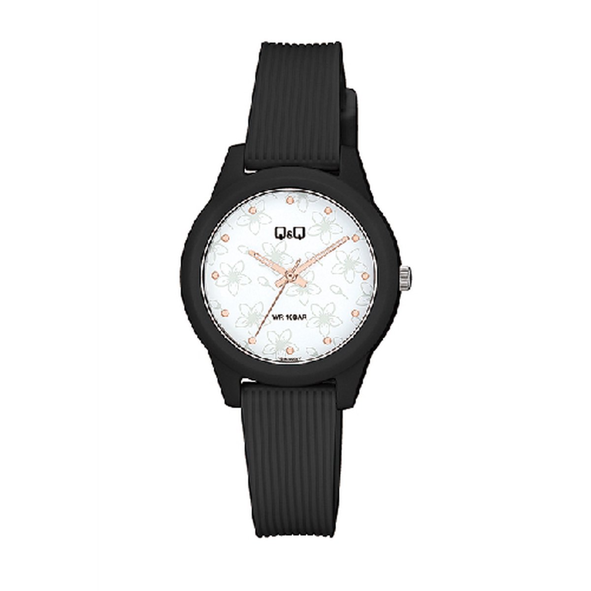 QQ V01A-005VY - Horloge - Sport - Analoog - Dames - Vrouwen - Plastic band - Rond - Kunststof - Bloemetjes - Zwart - Wit - 10 ATM