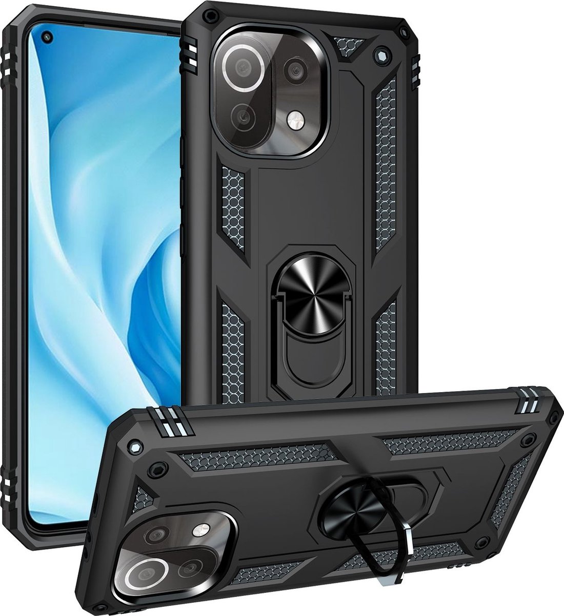 Mobigear Hoesje geschikt voor Xiaomi Mi 11 Lite Telefoonhoesje Hardcase | Mobigear Armor Ring Backcover Shockproof met Ringhouder | Schokbestendig Mi 11 Lite Telefoonhoesje | Anti Shock Proof - Zwart