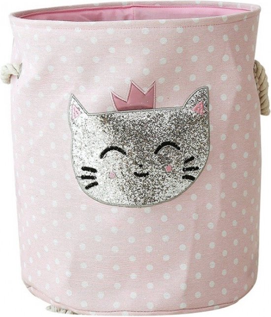 By Baboo Glitter Poes Speelgoedmand - 35cm x 40cm - Roze Stippen
