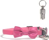 Kattenhalsband met strikje en belletje - Inclusief adreskoker - Verstelbaar - 19 / 32 cm - Kattenbandje - Halsband kat - Cat - Kitten - Katten halsband - Donker roze