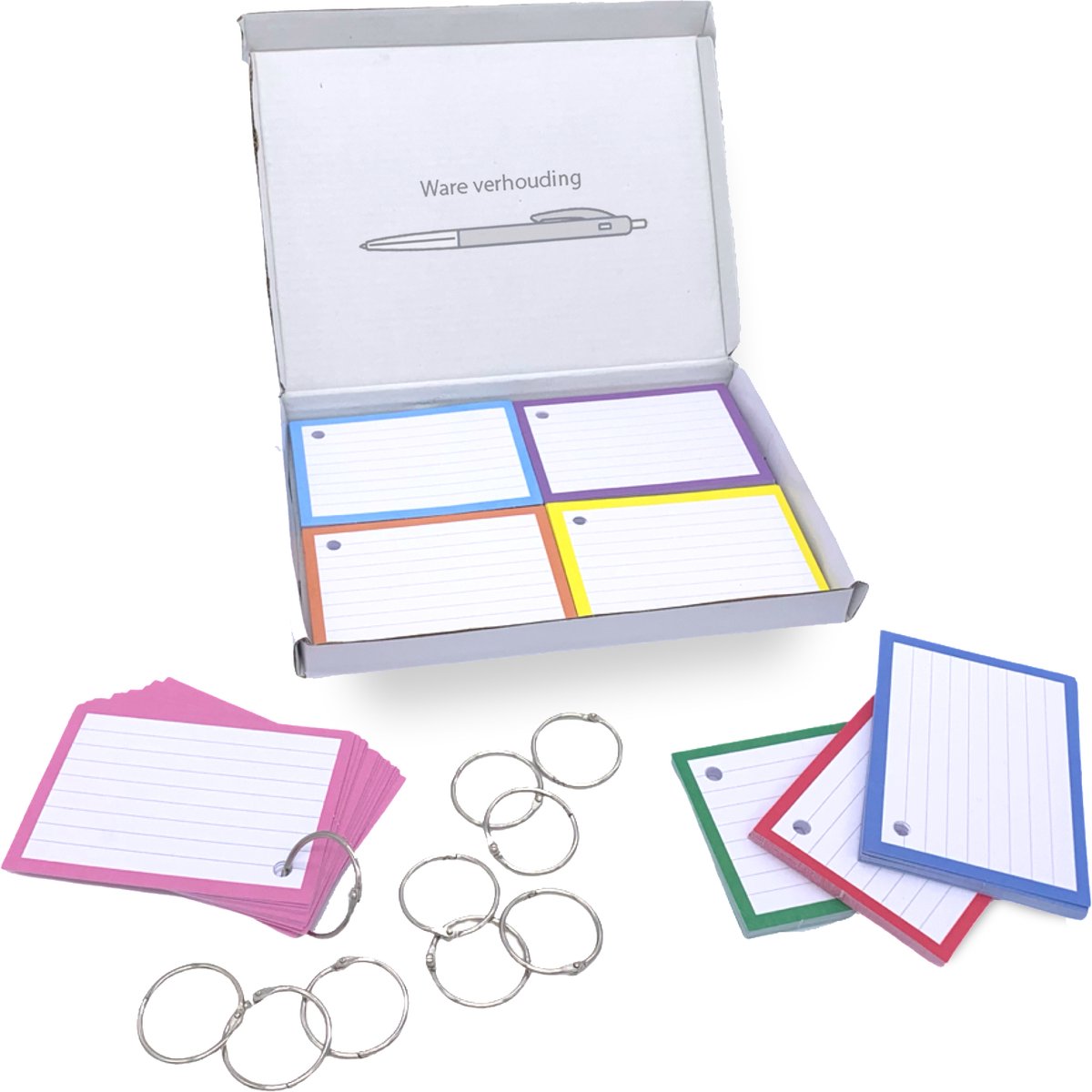 Flashcards 100 stuks A7 7.5x10.5cm met perforatie en 10 XL ringen