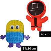 Game Knuffel - 43 CM Vierkant + 34x30 CM Minions Pop It - Van Pluche