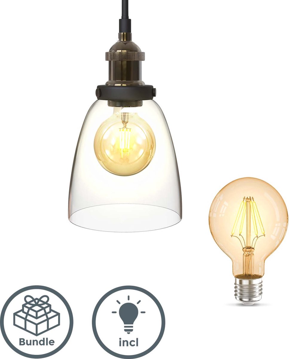 B.K.Licht - Glazen Hanglamp met vintage lichtbron - industriële lamp - woonkamer lamp - met 2x E27 lichtbronnen