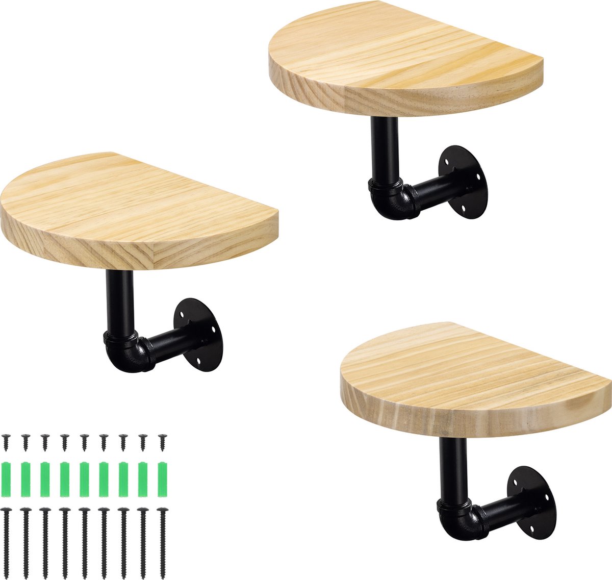 Navaris wandplank - Set van 3 - Rechthoekige wandplanken van hout - Met industriële metalen pijp - Planken voor aan de muur - 20 x 15 x 2 cm - Bruin