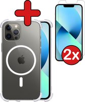 Hoes voor iPhone 13 Pro Max Magsafe Hoesje Geschikt Voor Magsafe Compatible Shockproof Hoes Siliconen Case Met 2x Screenprotector - Transparant