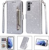 Glitter Bookcase voor Samsung Galaxy S22 Plus | Hoogwaardig PU Leren Hoesje | Lederen Wallet Case | Telefoonhoesje | Pasjeshouder | Portemonnee | Zilver