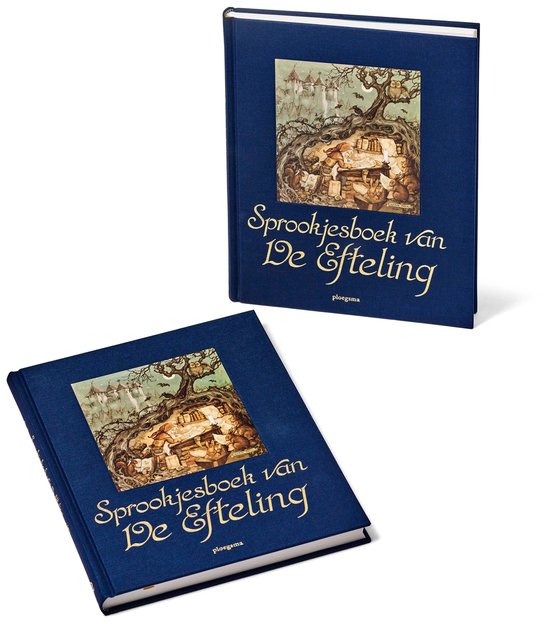 Twee gesloten blauwe sprookjesboeken met dezelfde illustratie en titel op de kaft.