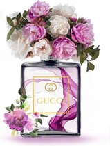 Glasschilderij - Gucci parfumfles - bloemen - 60x80 cm - Wanddecoratie