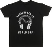 T-shirt Unisex – Funny – Headphones On World Off – Zwart - Extra Large