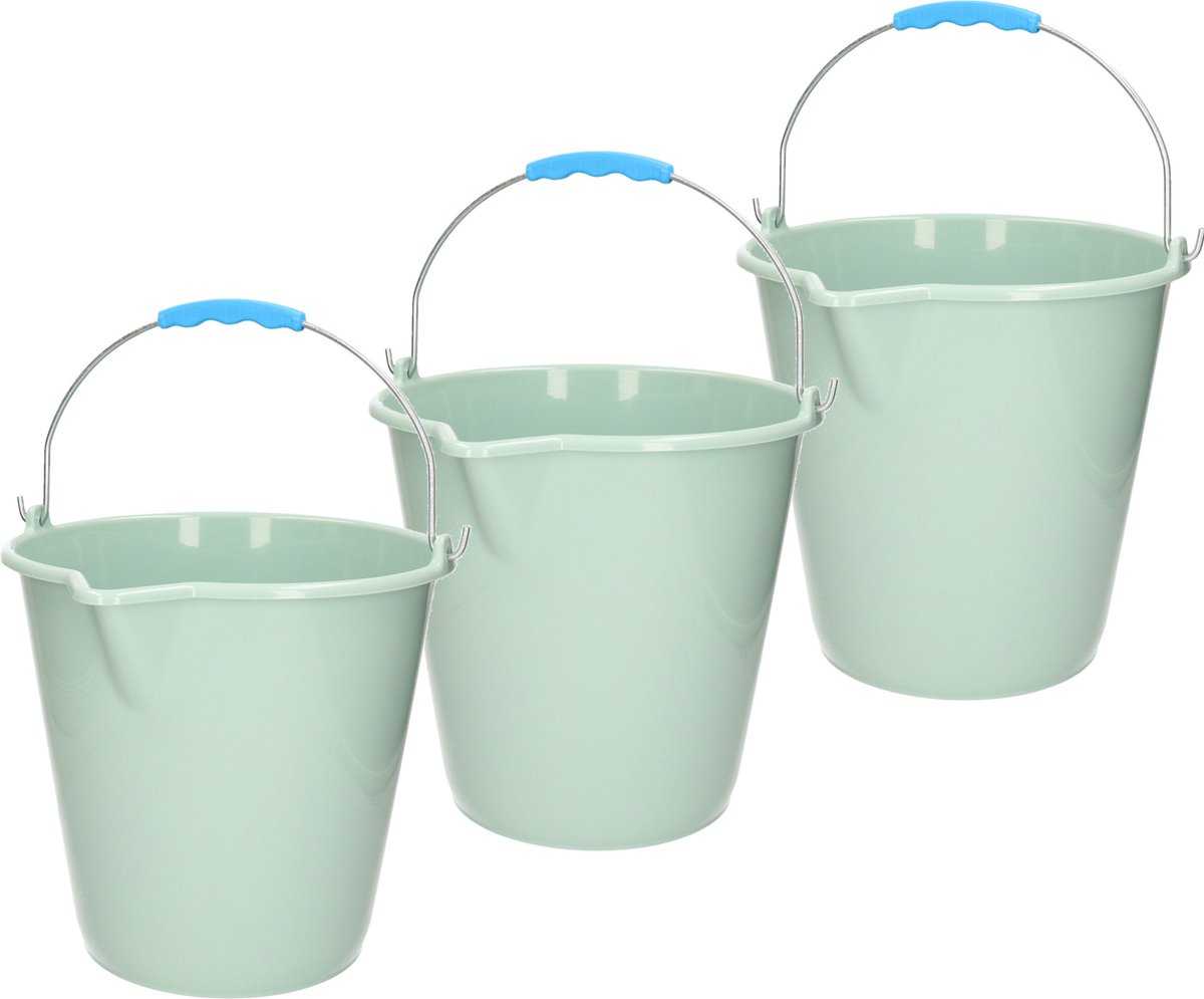 Plasticforte Emmers - 3x stuks - met schenktuit - 12 Liter - mintgroen - schoonmaakemmer