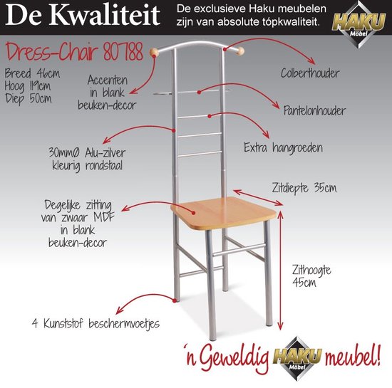 Dressboy met stoel - Modern afgewerkte kledingstandaard - Alu-zilveren stalen buizen - MDF zitting - Kledinghouder - 46 x 50 x 119 cm