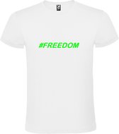 Wit  T shirt met  print van "# FREEDOM " print Neon Groen size S