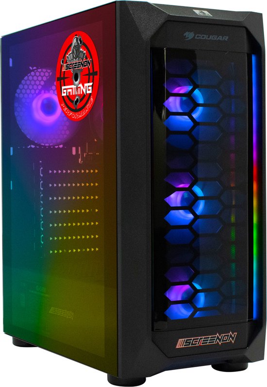 Zwarte pc-kast met glazen zijpaneel met RGB-verlichting en gaming-sticker. Ventilatoren met RGB-verlichting zichtbaar.
