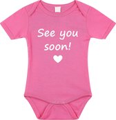 Baby rompertje met leuke tekst | See you soon! |zwangerschap aankondiging | cadeau papa mama opa oma oom tante | kraamcadeau | maat 80 roze