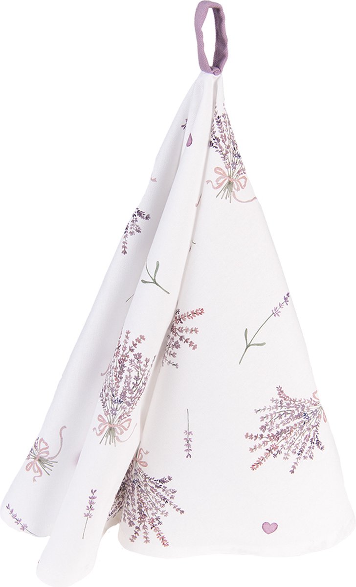 Clayre & Eef Theedoek Ø 80 cm Paars Wit Katoen Rond Lavendel Keukenhanddoek