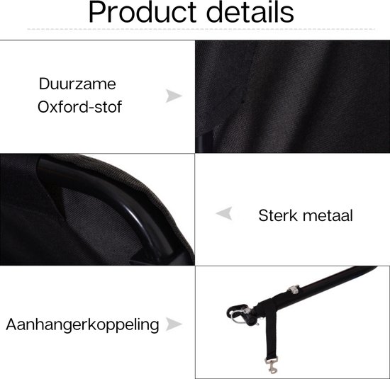 Productdetails van een fietskar: duurzame Oxford-stof, sterk metaal en aanhangerkoppeling.