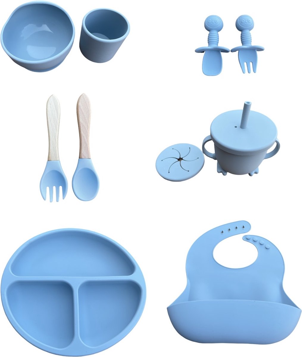 Siliconen Kinderservies Met Zuignap - Baby Eet Set - Baby Servies - Baby Bestek - Kraamcadeau - Babyshower - Blauw