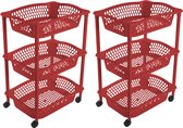 2x stuks keuken/kamer opberg trolleys/roltafels met 3 manden 62 x 41 cm rood - Etagewagentje met opbergkratten
