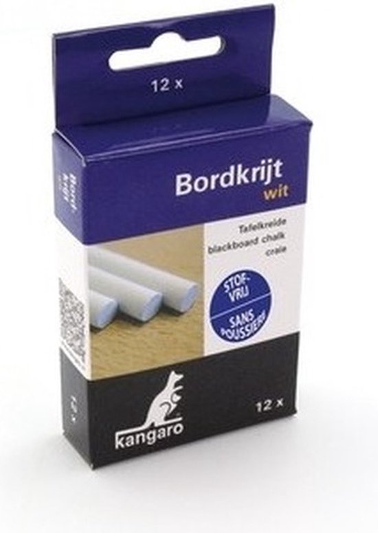 Doosje met 12 witte bordkrijtjes, 'Bordkrijt wit', ' kangaro'.