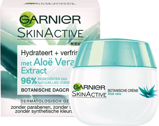 Garnier SkinActive Botanische Dagcrème pot en doosje met Aloë Vera. Hydrateert en verfrist.