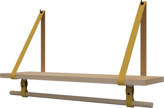 Plankje Roe 98cm - Handles and more® | OKERGEEL (Complete set: leren plankdragers + plank eikenhout + roede)