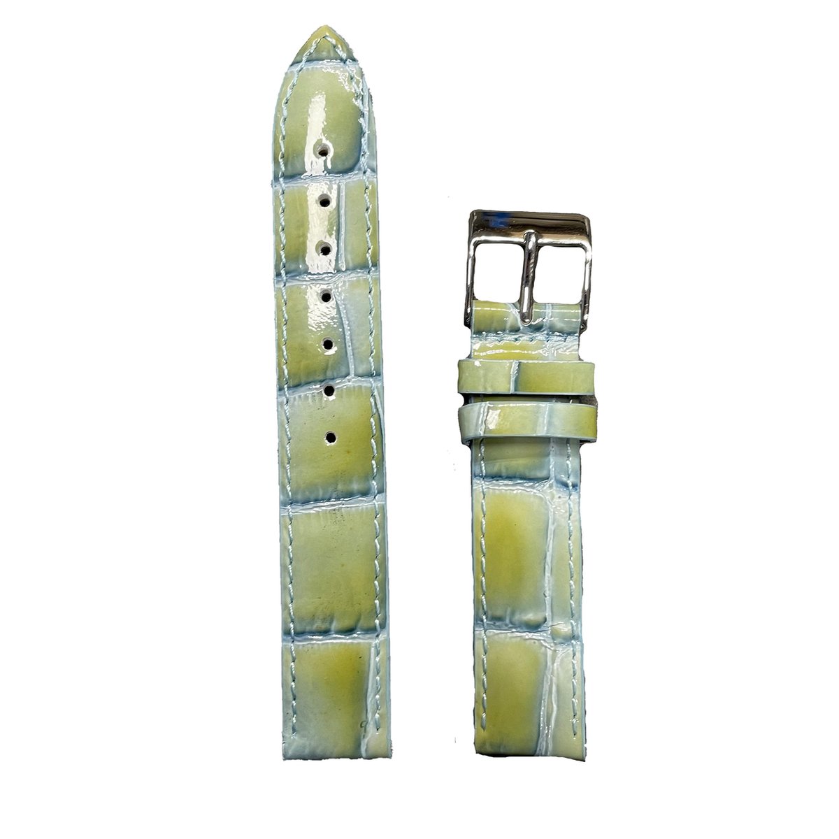 Horlogeband - 16mm - Glans Groen - Echt leer in croco print - Roestvrijstalen gesp