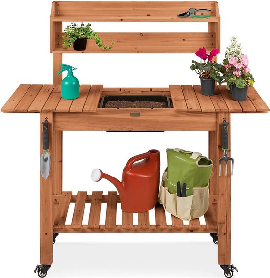 Armoire De Jardin Avec Plan De Travail Tôle Zinguée - Rangement Outils Et Table De Rempotage - Bois Extérieur
