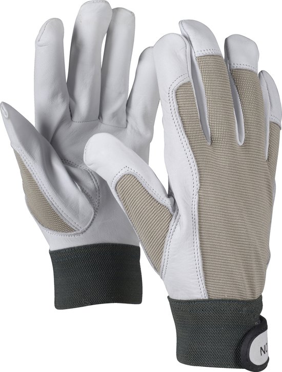 Witte leren tuinhandschoenen met beige stofpanelen en donkergroene boord.