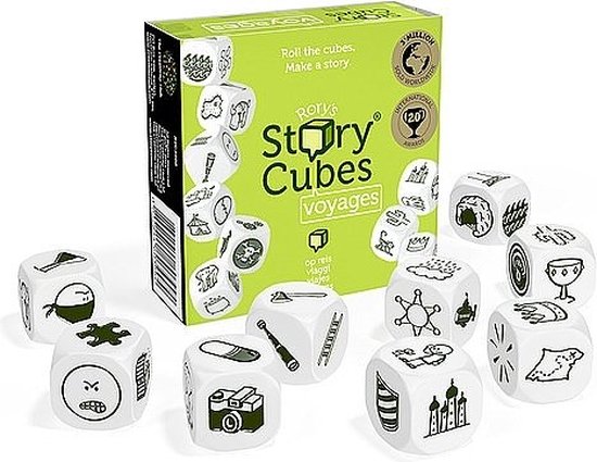 Doos van Rory's Story Cubes Voyages met 9 dobbelstenen met reis-iconen, 'Roll the cubes. Make a story.'