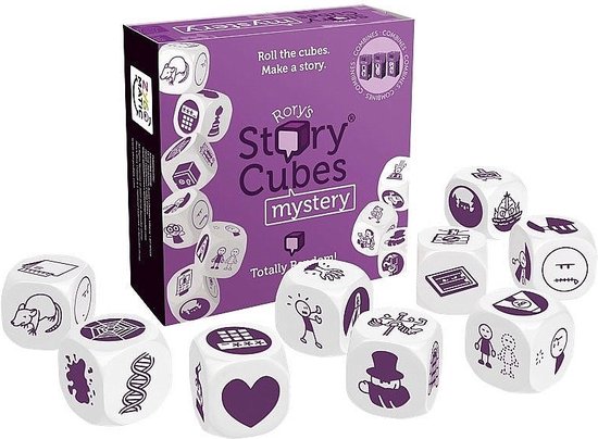 Rory's Story Cubes 'Mystery' spel met doos en witte dobbelstenen met afbeeldingen zoals een rat, hart en geest.