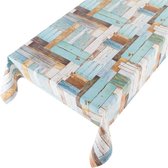 Buiten tafelkleed/tafelzeil houten planken print blauw 140 x 245 cm met 4 tafelkleedklemmen - Tuintafelkleed tafeldecoratie