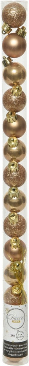 Decoris Mini kerstballen - 14x st - camel bruin - D3 cm - kunststof - kerstversiering