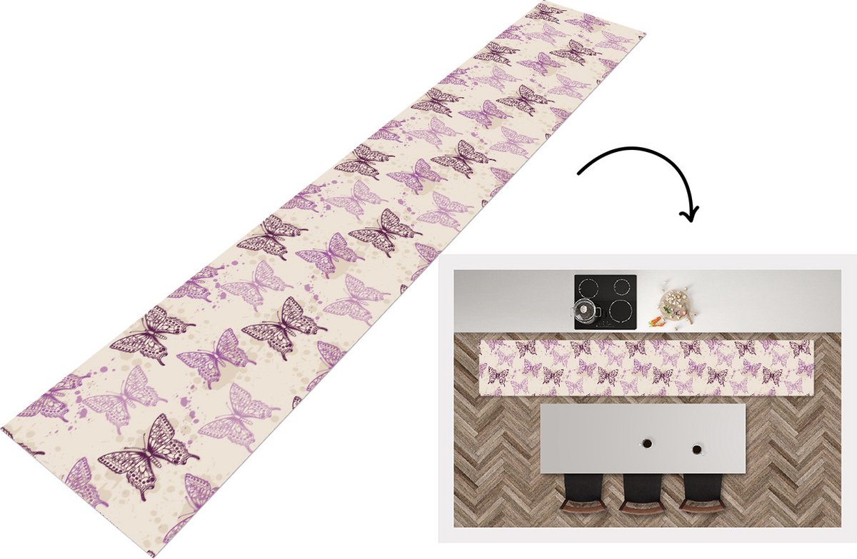 KitchenYeah Keukenloper - Keukenmat - Dieren - Patronen - Paars - Vlinder - 360x60 cm - Keuken vloerkleed Multicolor