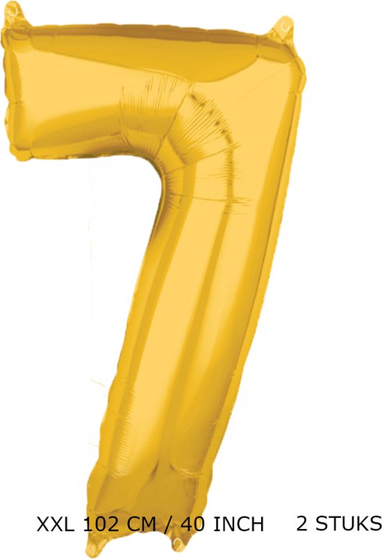 Grote XXL gouden folie ballon cijfer 7 jaar.  leeftijd verjaardag 7. 102 cm 40 inch. Met rietje om op te blazen. 2 stuks