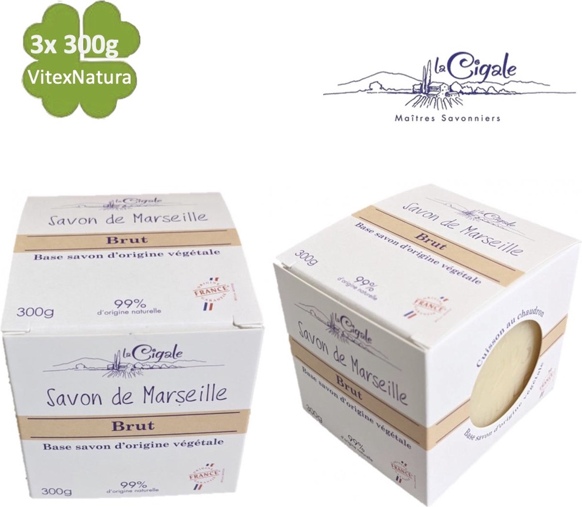 Savon De Marseille zeep 3x300g glycerine GEUR EN KLEURSTOF VRIJ origineel Frans zeepblok CUBE La Cigale