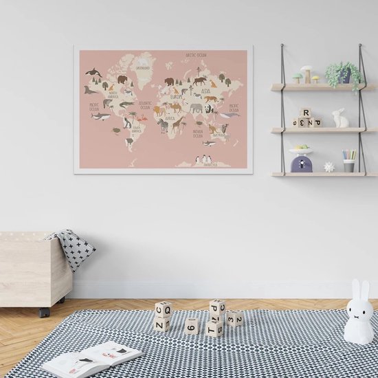 Merkloos - canvas poster - wereldkaart kinderen - dieren - kinderkamer inspiratie - wand decoratie