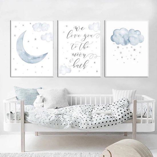 Merkloos - canvas posters - set - we love you to the moon and back - kinderkamer inspiratie - wand decoratie