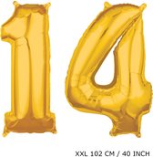 Grote XXL gouden folie ballon cijfer 14 jaar.  leeftijd verjaardag 14 jaar. 102 cm 40 inch. Met rietje om ballonnen mee op te blazen.
