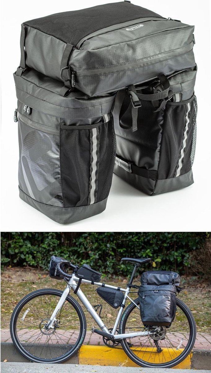 Nixnix - Fietstas 3 tassen - Zwart - Driedubbele fiets tas - 50 liter - Met draagtas - Bagage - Fietsvakantie - Waterafstotend