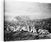 Artaza Canvas Schilderij Groep Welpen in het Wild - Baby Leeuwen - Zwart Wit - 120x80 - Groot - Foto Op Canvas - Wanddecoratie