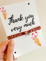 Wenskaart met sieraad - Thank you bedankt kaartje - Verstelbaar armbandje rood Amour muntje zilver - Verkleurt niet - In cadeauverpakking - Snel in huis