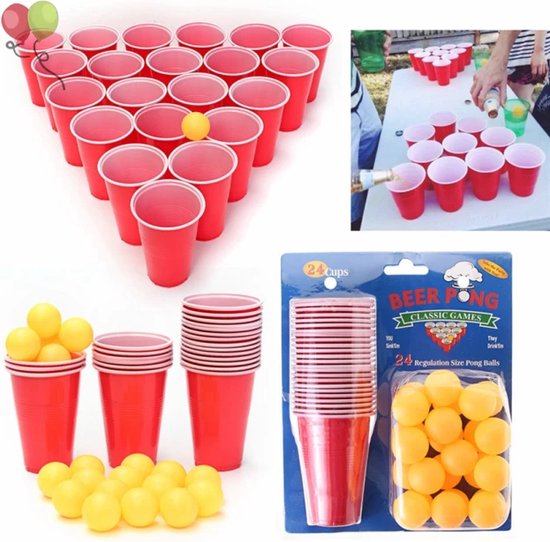 Afbeelding van het spel biergame - beerpong - beerpong spel - bierpong - drankspel - 24 cups - 24 ballen