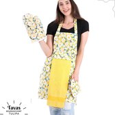 Tulipa Keukenschort en Ovenwanten Set | Met Geel Madeliefjes | Kookschort -55 x 75cm | Handdoek - 30 x 50 | Keukenschort dames | Keukenschort voor vrouwen| Katoen |