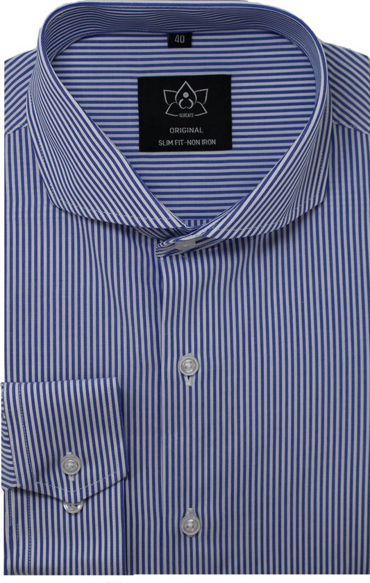 Vercate - Strijkvrij Overhemd - Donkerblauw Gestreept - Slim Fit - Poplin Katoen - Lange Mouw - Heren - Maat 44/XL